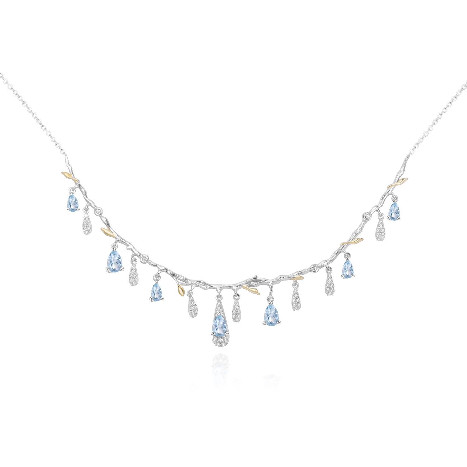 Delicate silver sterling necklace with blue topaz birthstone, gold plated 1