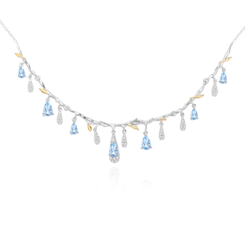 Delicate silver sterling necklace with blue topaz birthstone, gold plated - CALESSIA